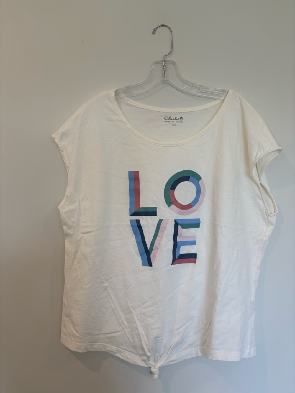 Charlie B LOVE Graphic Tee White Knot Hem Short Sleeve Size L
